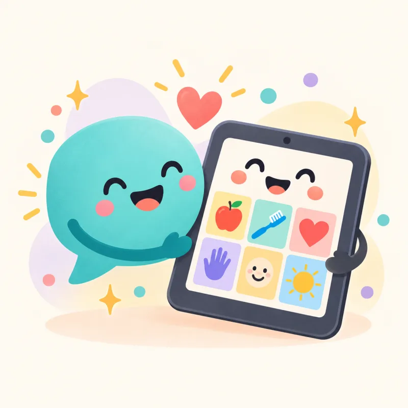 A chat bubble and a tablet of image tiles leaning together, with a small heart between them.
