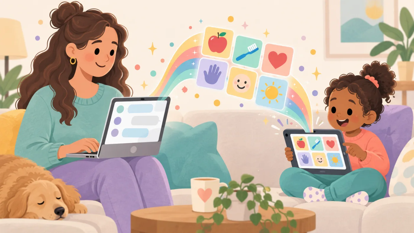 A caregiver types a request into a chat on her laptop, and a board of image tiles appears on a child's tablet beside her.