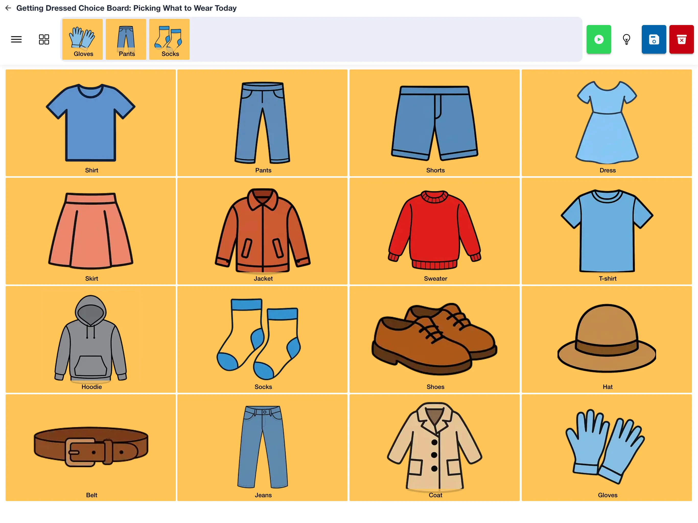 A Getting Dressed choice board being customized