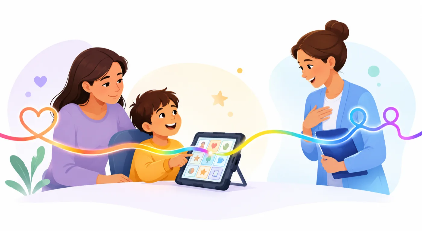 A child uses an AAC communicator while a parent and a therapist stand nearby, all connected by a single flowing rainbow line that passes through the device.