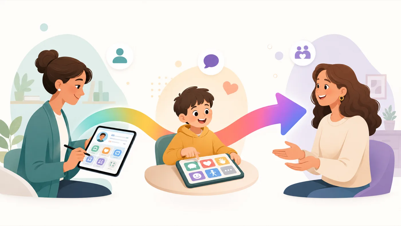 A therapist builds an AAC communicator on a tablet, a child uses it in the center, and a parent receives ownership on the right, connected by a flowing rainbow arrow.
