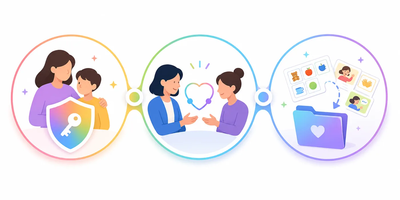 Three connected circles: a parent and child protected by a shield and key, a therapist and parent collaborating around a heart, and communication boards safely copied into a folder.