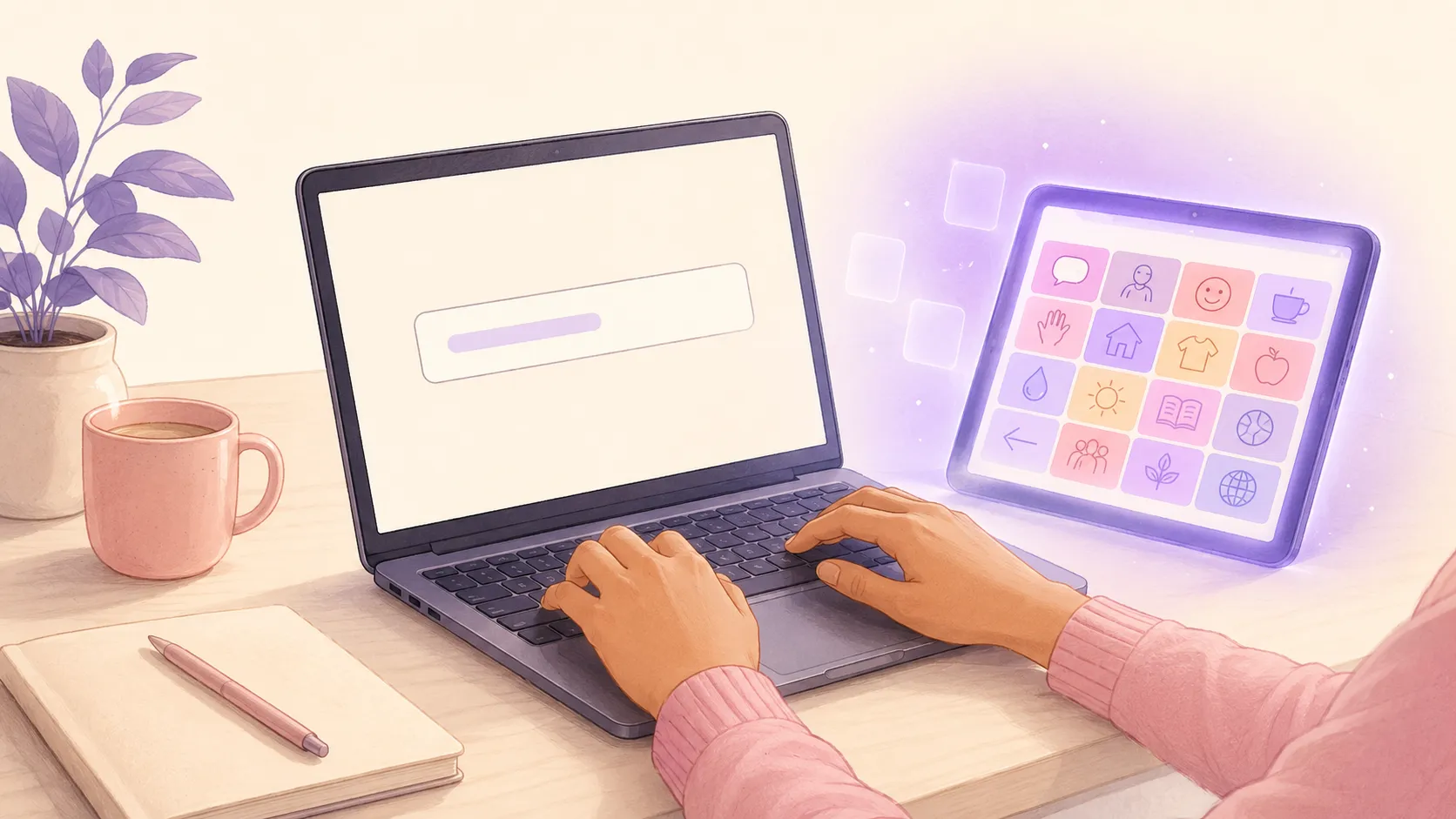 An illustration of hands typing a topic on a laptop, with an AAC board of symbol tiles appearing on a tablet beside it