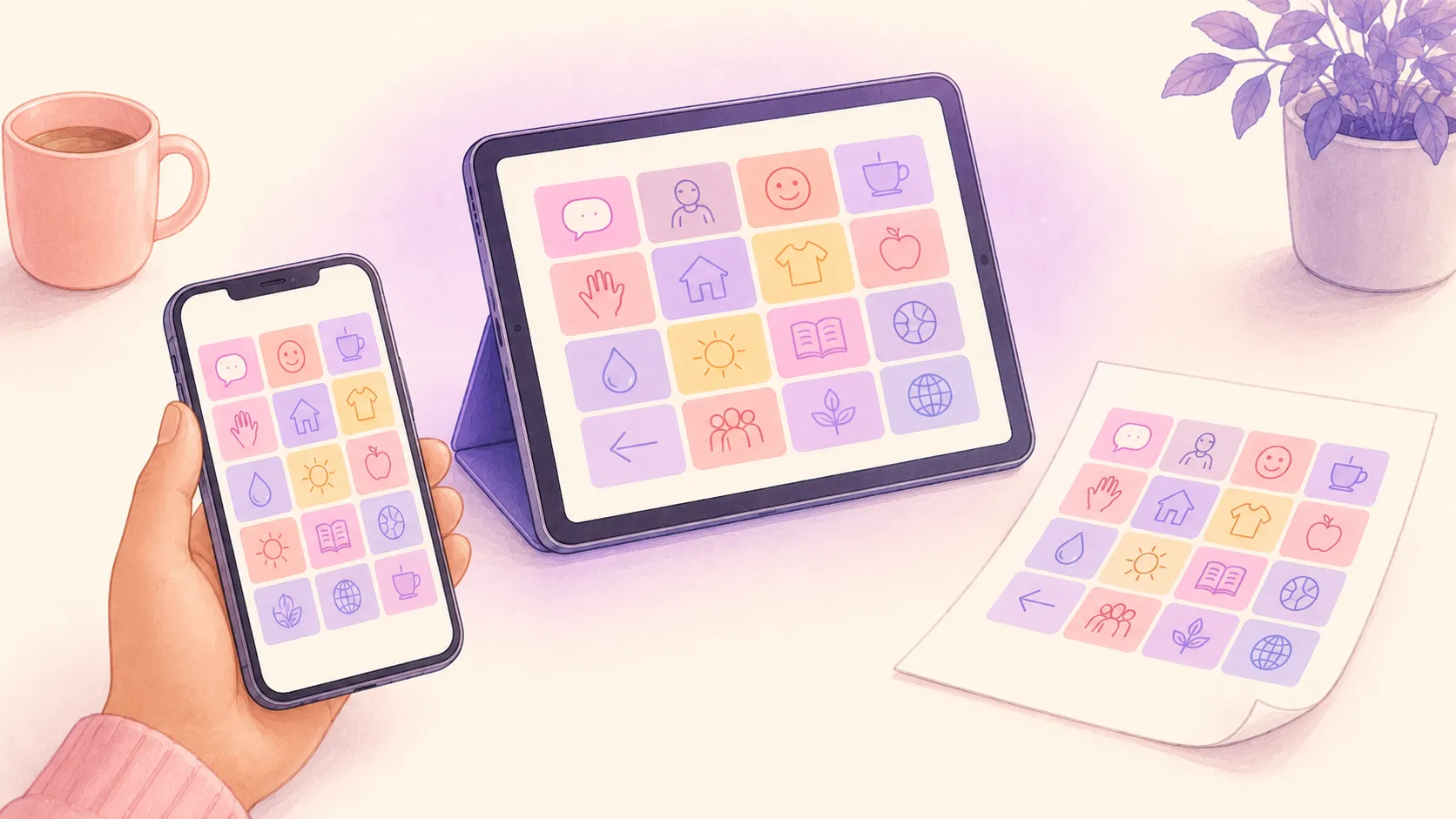 The same SpeakAnyWay board shown on a phone, a tablet, and a printed sheet