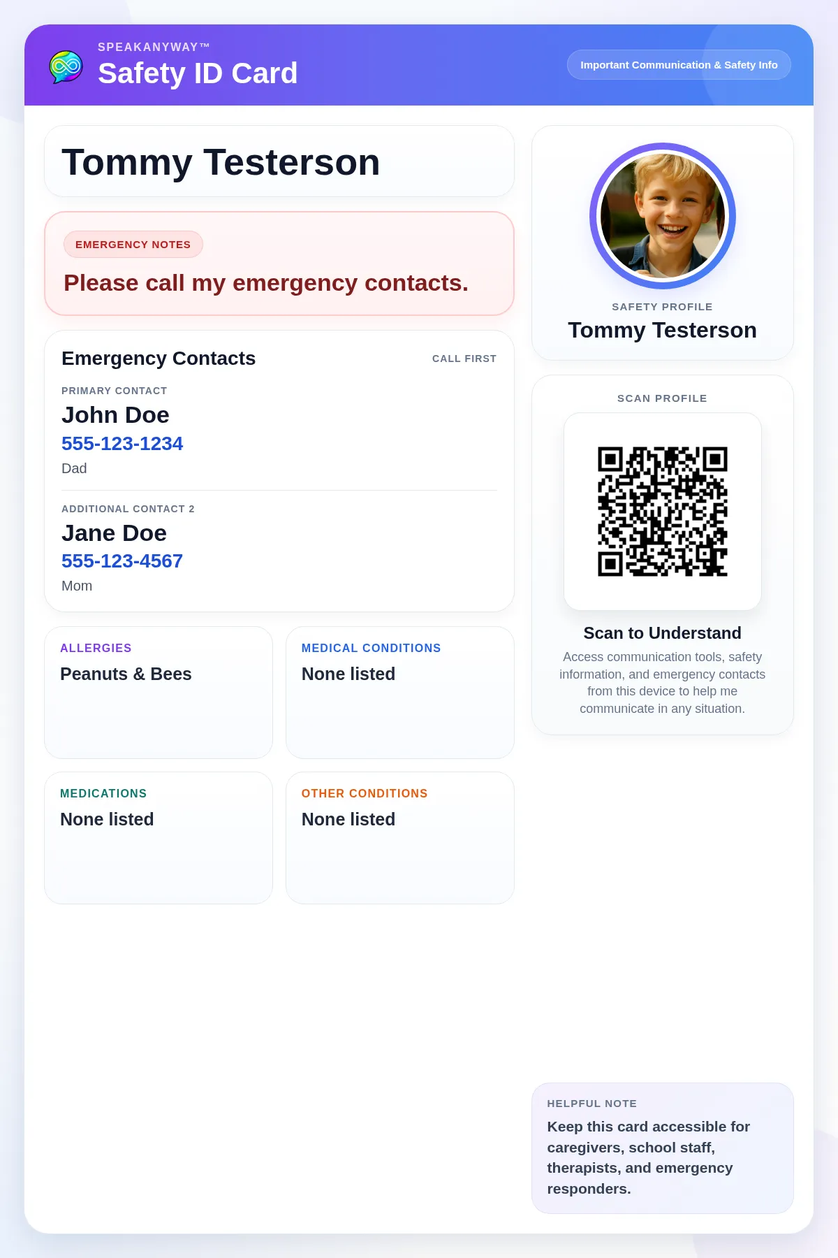A printed card showing a child's name and photo, their emergency contacts and allergies, and a QR code that opens their MySpeak page