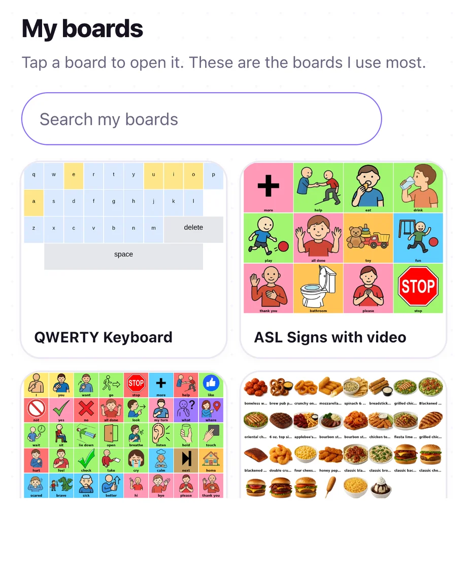 The My boards section of a MySpeak page — a search field and a grid of board thumbnails including a QWERTY keyboard and an ASL signs board