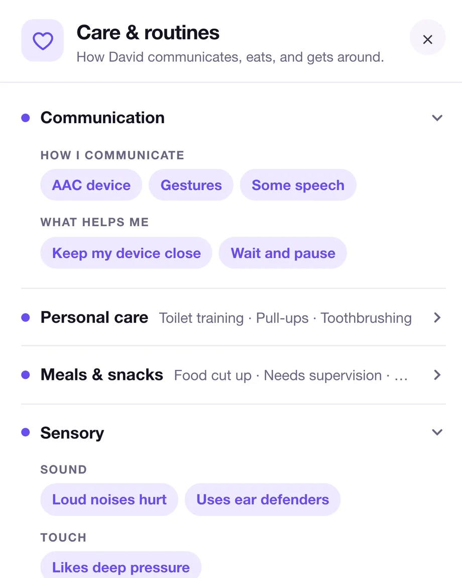The Care and routines card with Communication, Personal care, Meals and snacks, and Sensory sections