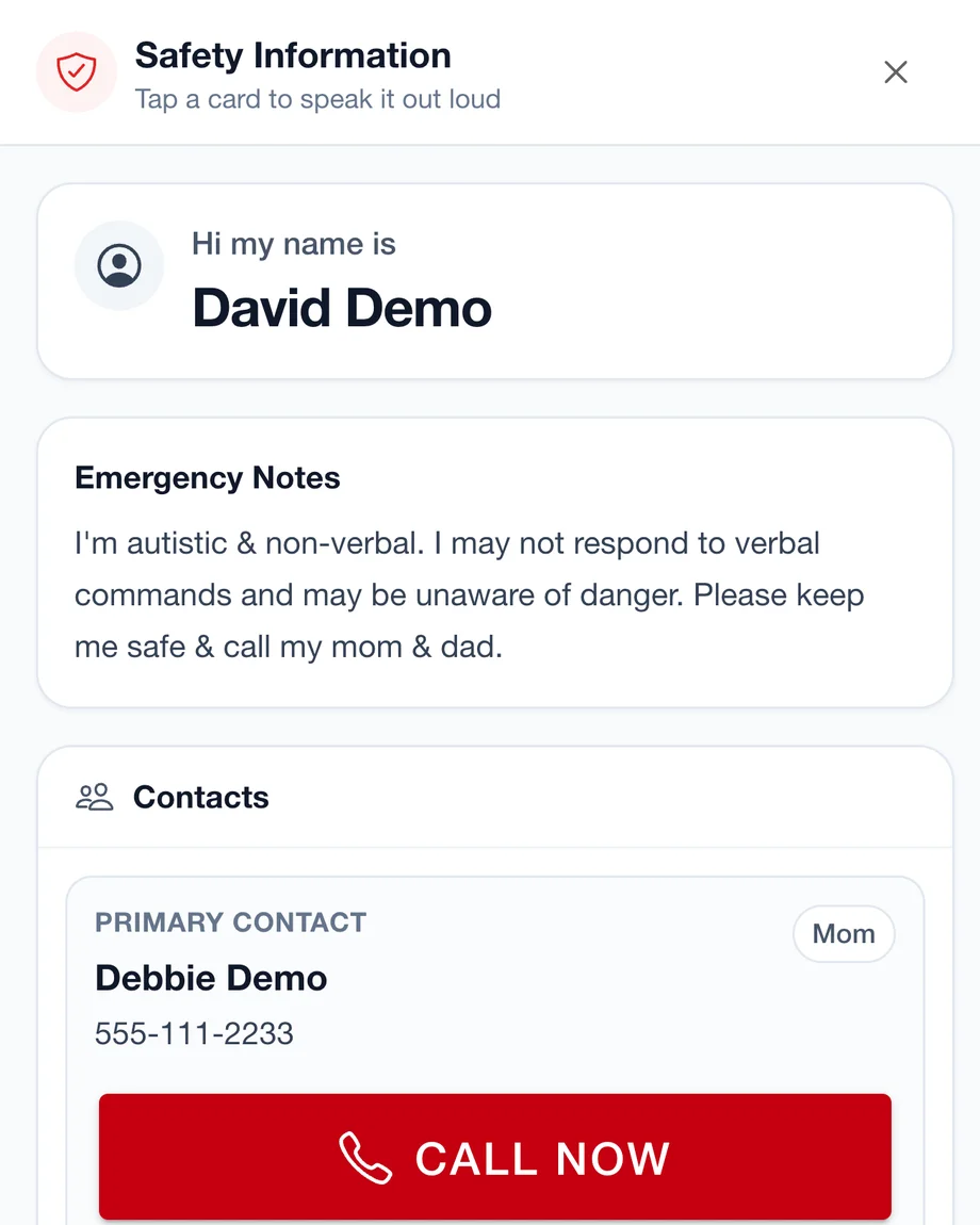Safety information with emergency notes, primary and backup contacts, and Call Now buttons