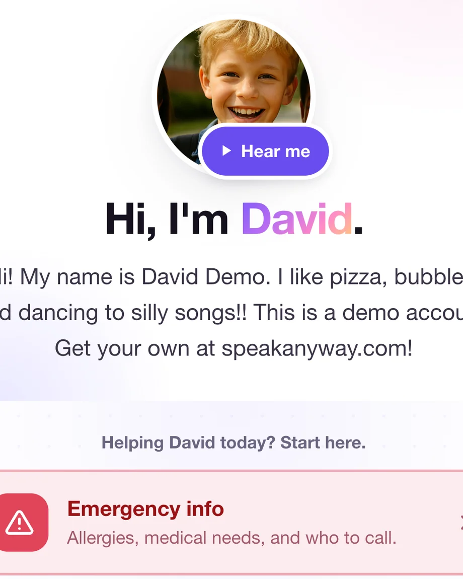 The top of a MySpeak page — profile photo with a Hear me button, the person's name, and their intro