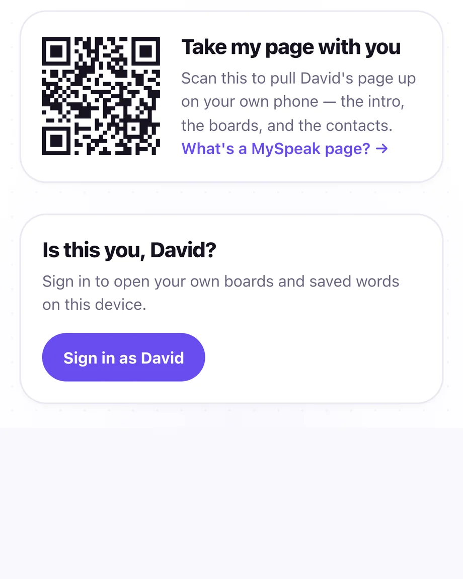 A QR code beside Take my page with you, and a Sign in as David card below it