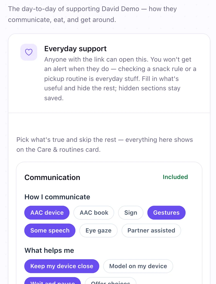 The Care and routines editor with the Communication section marked Included and options like AAC device, Gestures, and Keep my device close selected