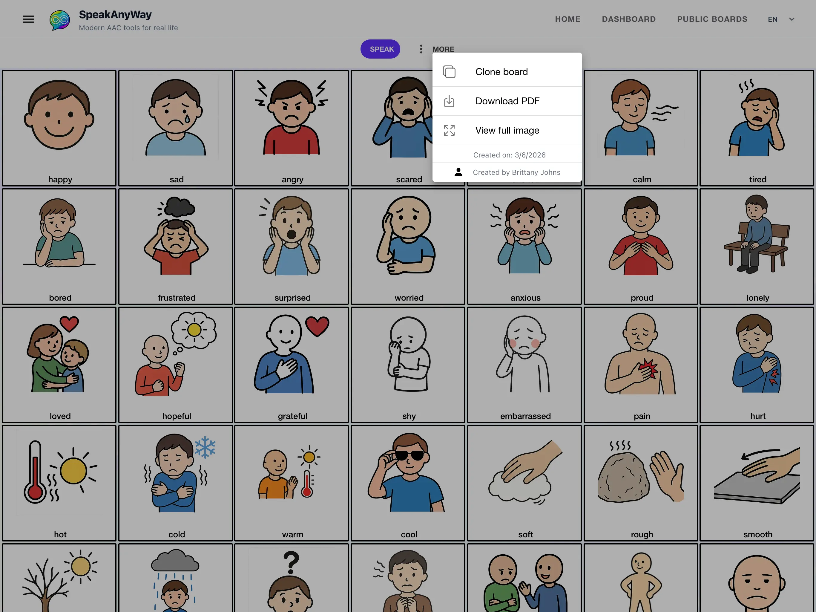 A public emotions board open in the SpeakAnyWay editor with the More menu open