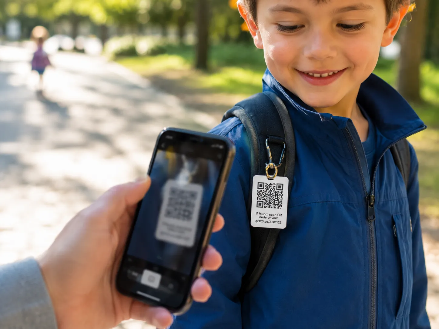 A smiling child wearing a backpack with a MySpeak QR tag clipped to the strap; an adult holds a phone scanning the QR
