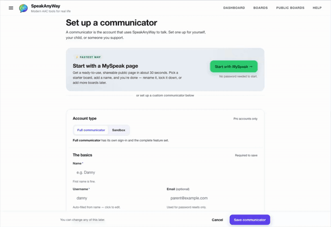 The MySpeak quick-start wizard — tell us about your child, then choose a starter board.