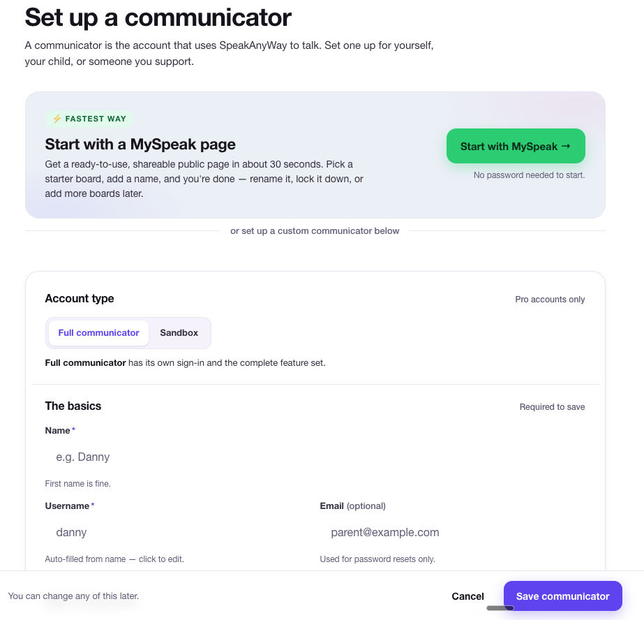 The Set up a communicator page: the green Start with MySpeak shortcut at the top, the full custom form below it.