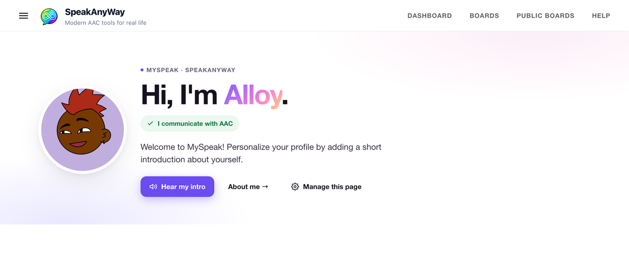 When you open your own MySpeak page while signed in, a Manage this page button appears in the header — a shortcut straight back to editing.