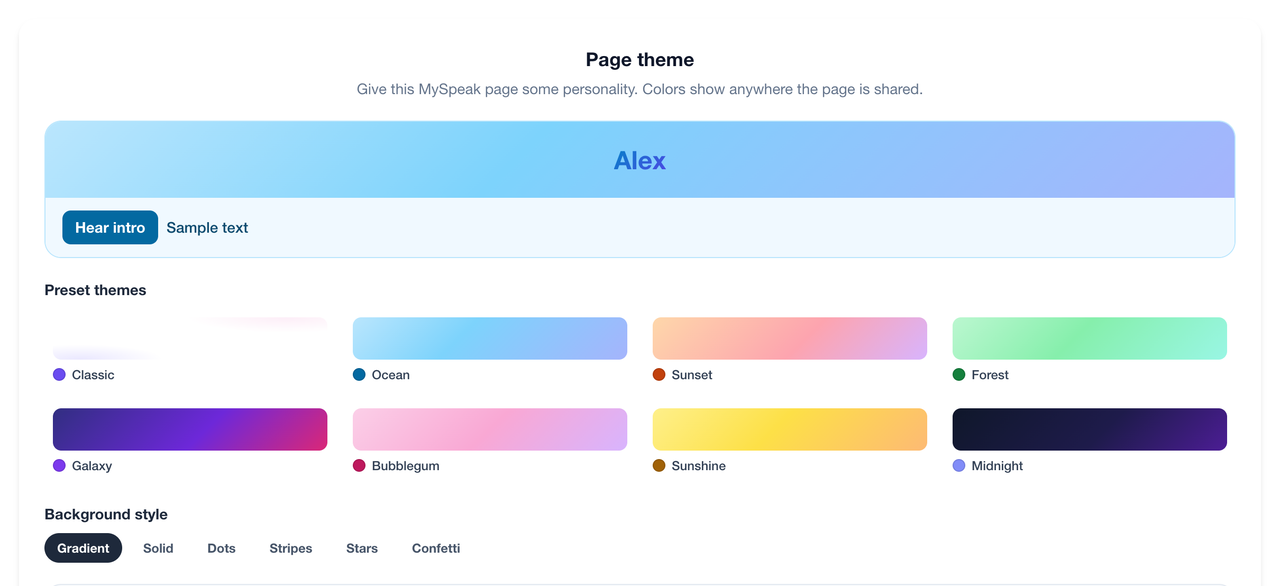 The MySpeak page theme picker showing preset themes, background styles, and an accent color control